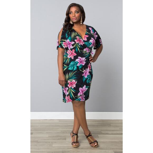 Kiyonna Black Faux Wrap Dress Haute Cold Shoulder Style 2X Party Tropical Floral Kiyonna Black Faux Wrap Dress Haute Cold Shoulder Style 2X Party Tropical Floral
